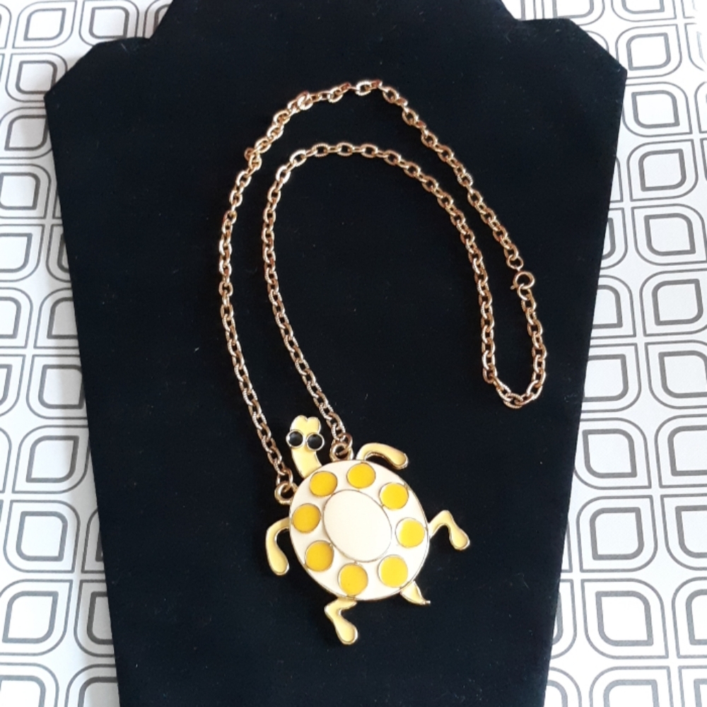 Vintage 60s Yellow Enamel Turtle Pendant Necklace